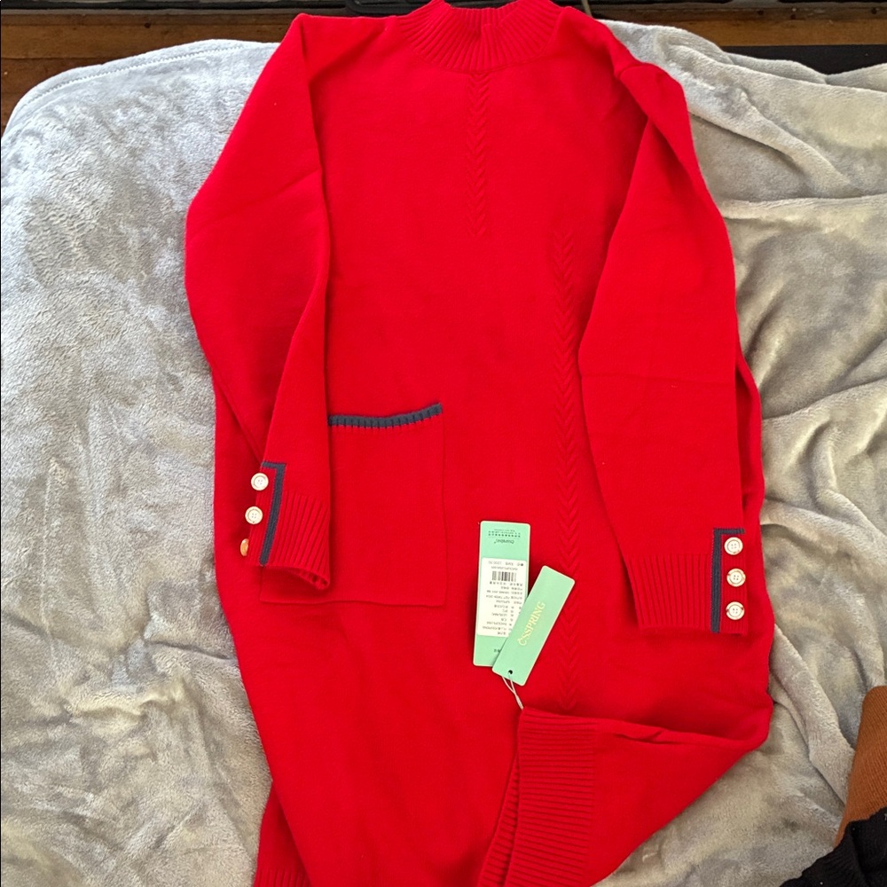 Red Long Sleeve Dress with Button Accents